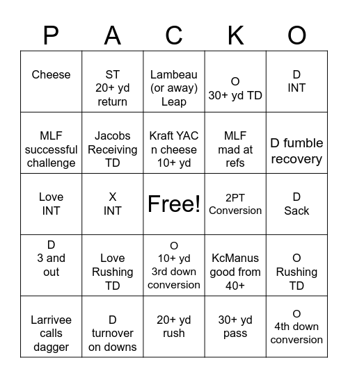 Packers Game Day Bingo Card