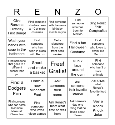 Renzo is 7! Bingo Card