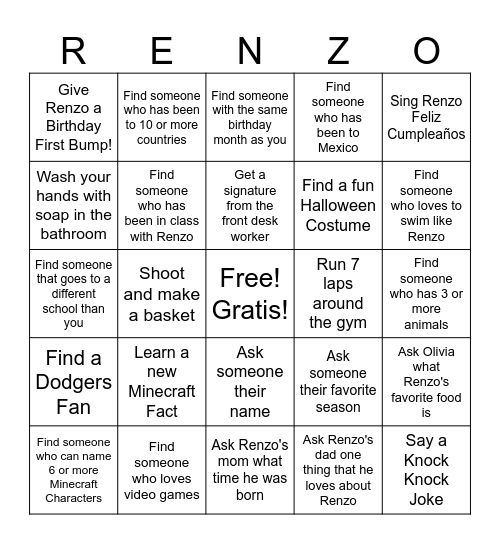 Renzo is 7! Bingo Card