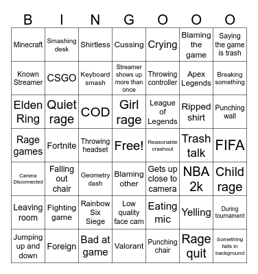 Gamer Rage Video Bingo 7x7 Bingo Card