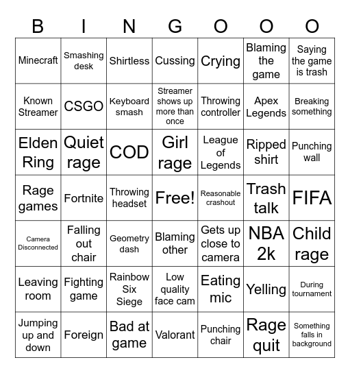 Gamer Rage Video Bingo 7x7 Bingo Card