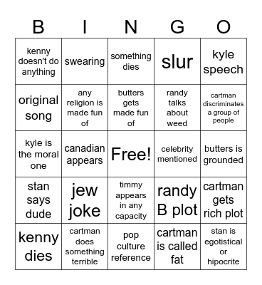 South Park Bingo Card