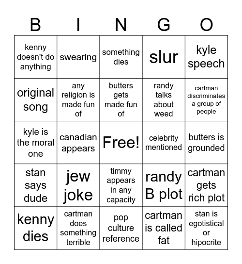 South Park Bingo Card