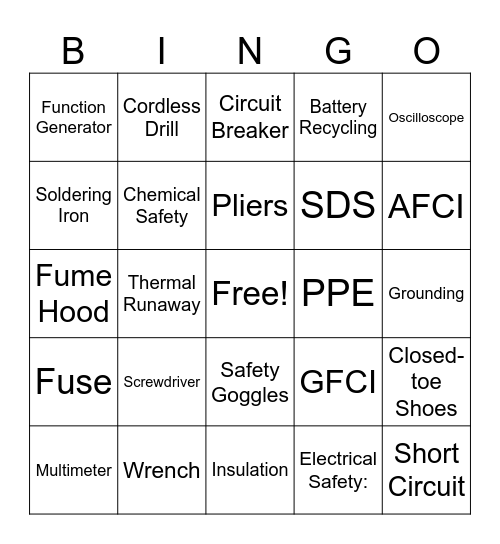 Engineering Tools and Safety Bingo Card