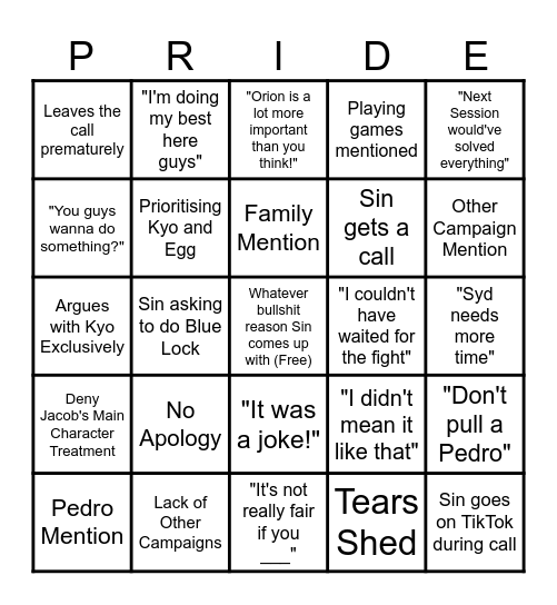 Sin Intervention Bingo Card