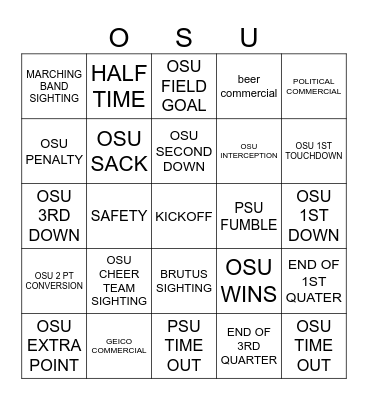 OSU VS PENN STATE Bingo Card