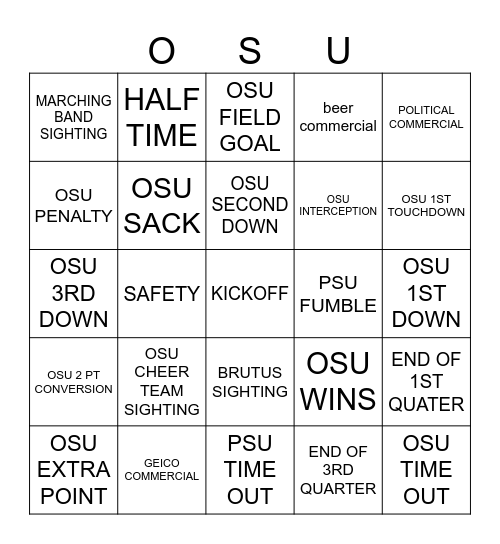 OSU VS PENN STATE Bingo Card