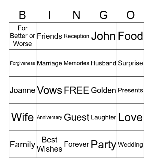 John and Joanne's 50th Wedding Anniversary Bingo Card