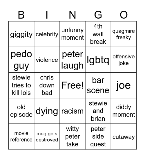 family guy bingo Card