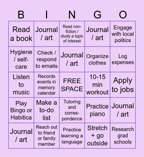 Daily Goals :) Bingo Card