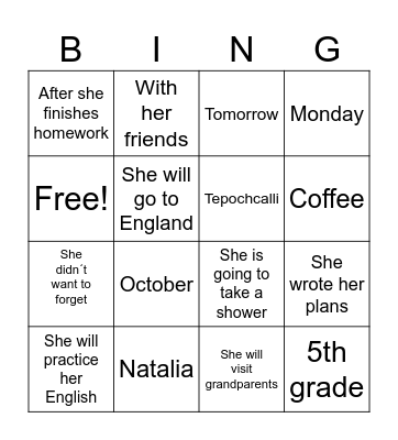 Natalia´s activities Bingo Card