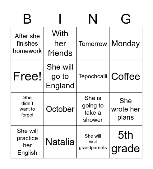 Natalia´s activities Bingo Card