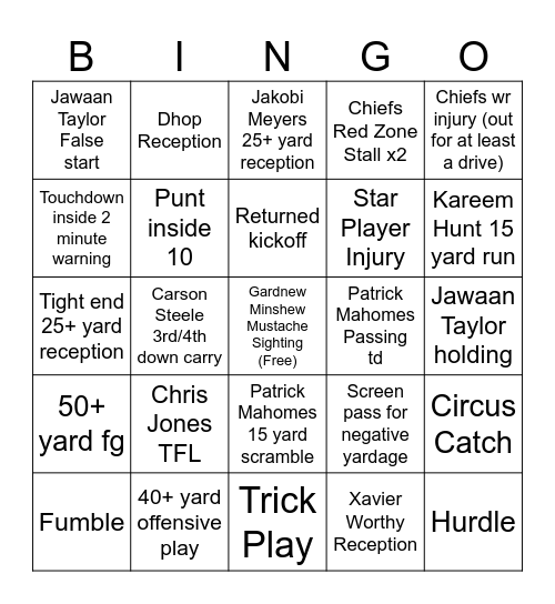 Chiefs vs Raiders Bingo Card