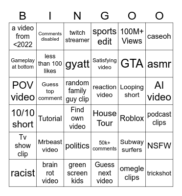 DUCKYS YT SHORTS/YOUTUBE SHORTS BINGO IF YOU WATCH HIM PLS PLAY :D Bingo Card