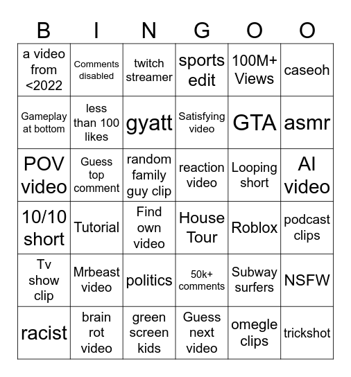 DUCKYS YT SHORTS/YOUTUBE SHORTS BINGO IF YOU WATCH HIM PLS PLAY :D Bingo Card