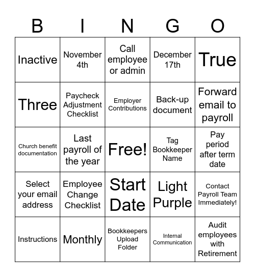 PAYROLL BINGO Card