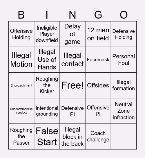 NFL Penalty Bingo Card