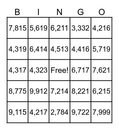 PLACE VALUE BINGO Card