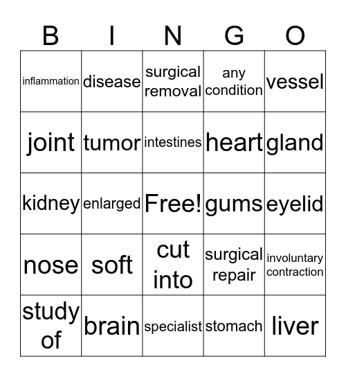 Medical Terminology Lesson 1 Bingo Card