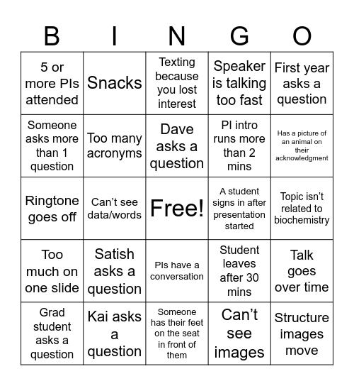 BioChem seminar Bingo Card