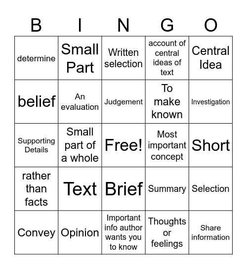 Academic Vocabuary Bingo Card