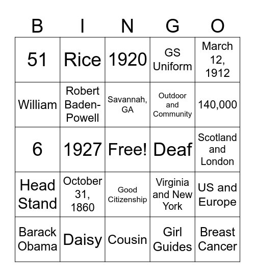 Juliette Gordon Low Bingo Card