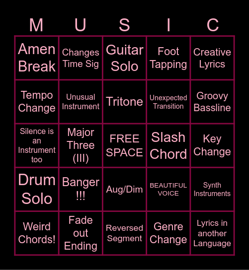 MUSIC BINGO Card