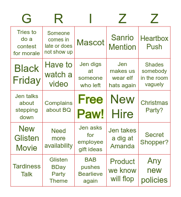 BAB Xmas Meeting Bingo Card