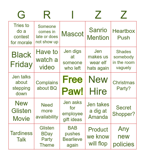 BAB Xmas Meeting Bingo Card