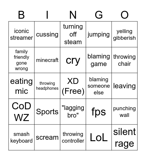 streamer rage bingo Card