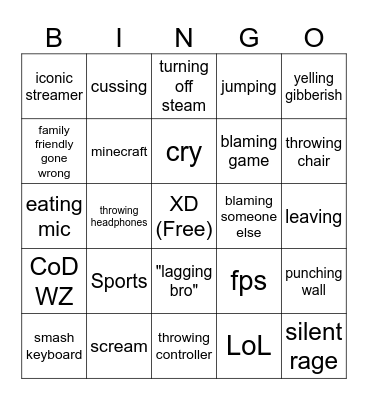 streamer rage bingo Card