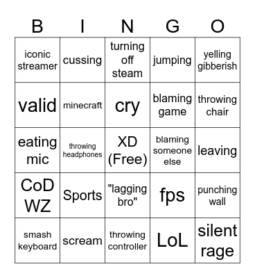 streamer rage bingo Card