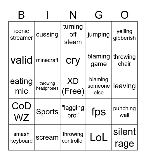 streamer rage bingo Card