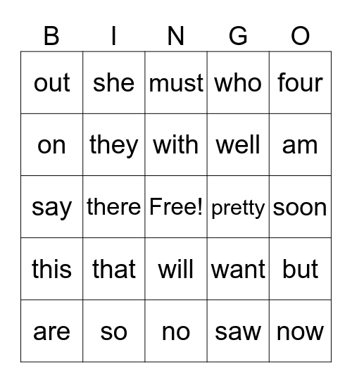 Kindergarten Bingo Card