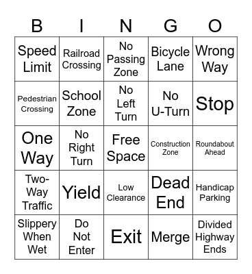 Street Signs Bingo Card