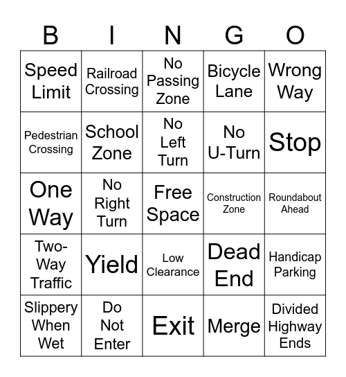 Street Signs Bingo Card