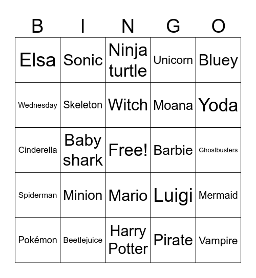 Costume Bingo Card