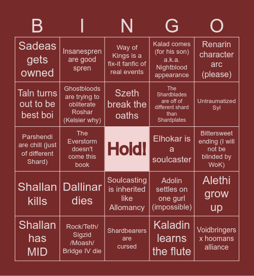 Words of Radiance Bingo Card