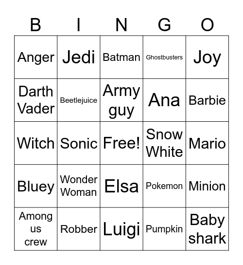 Costume Bingo Card