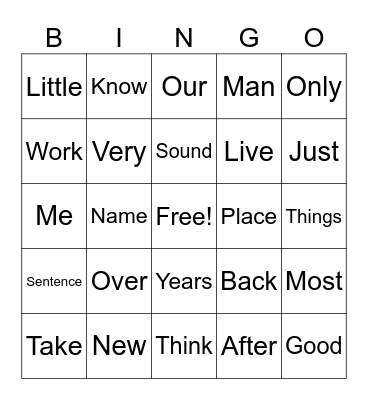 Basic Sight Words Bingo Card