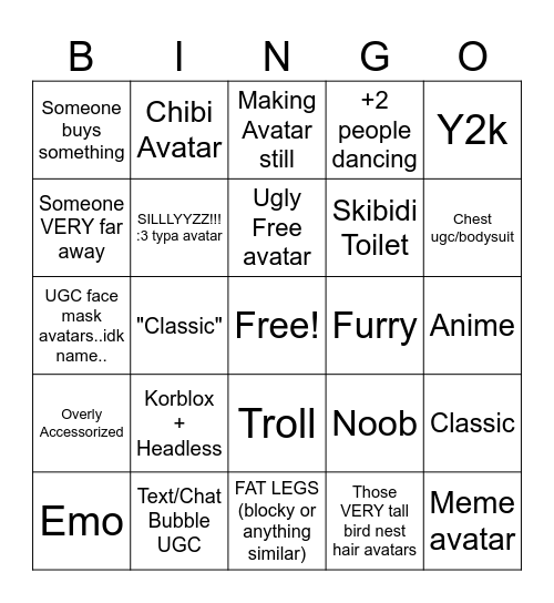 Catalog Avatar BINGO!! Bingo Card