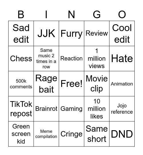 Yt shorts 1 Bingo Card