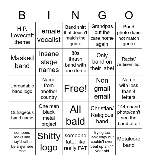 Metal Archives Bingo Card