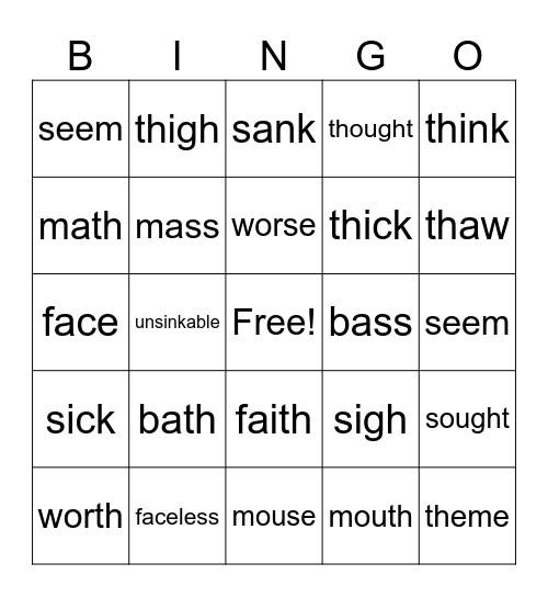 "s" and "th" minimal pairs Bingo Card