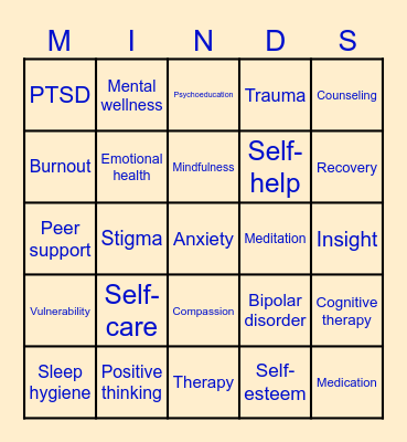 Active Minds Mental Health Bingo Card