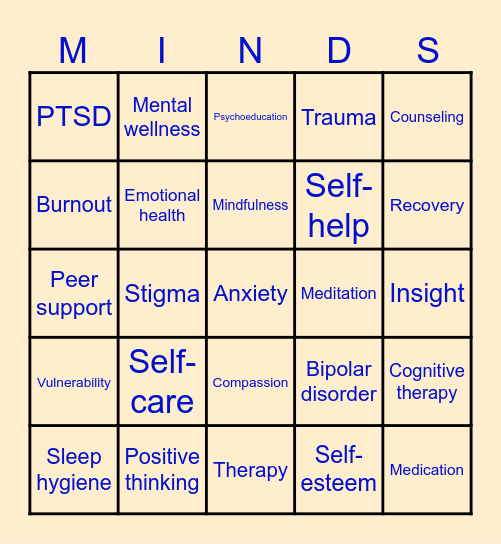 Active Minds Mental Health Bingo Card