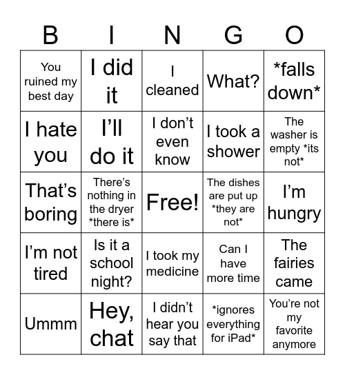 Girl’s Sayings Bingo Card