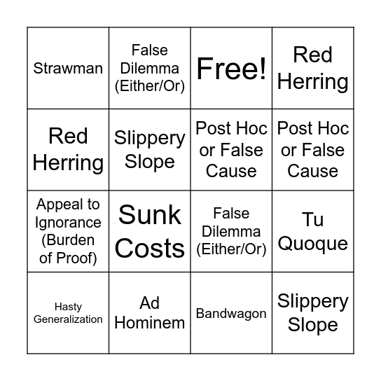 Logical Fallacies Bingo Card
