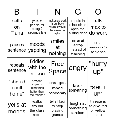 English class Bingo Card