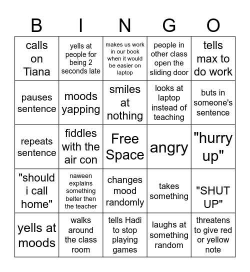 English class Bingo Card